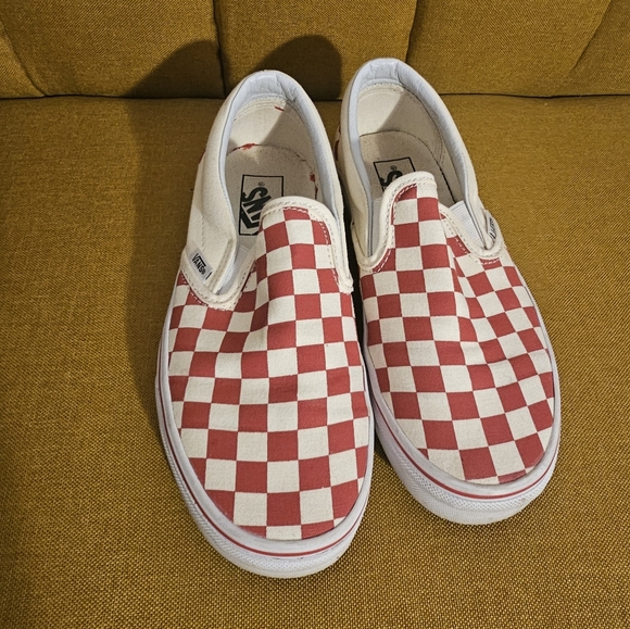Vans Red and White Checkered Slip-On Shoes - Picture 1 of 4